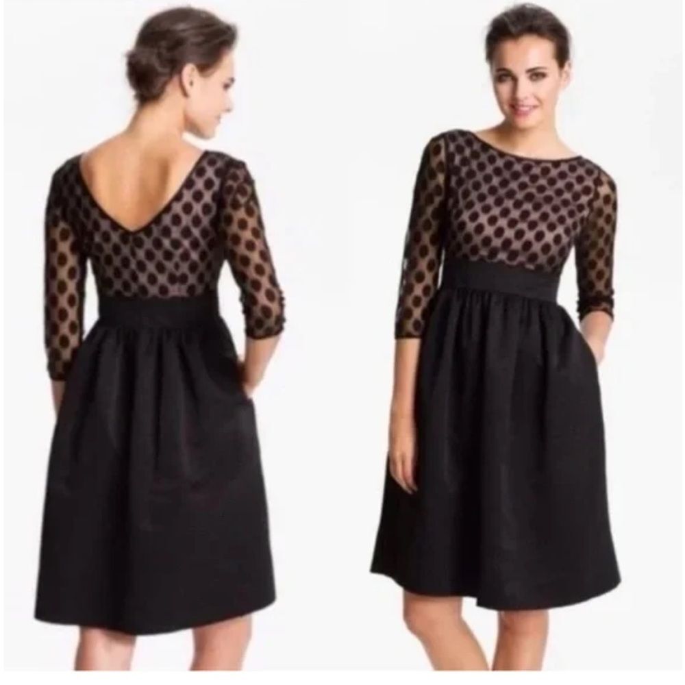 Eliza J Polka Dot Mesh Bodice Fit and Flare Dress Black